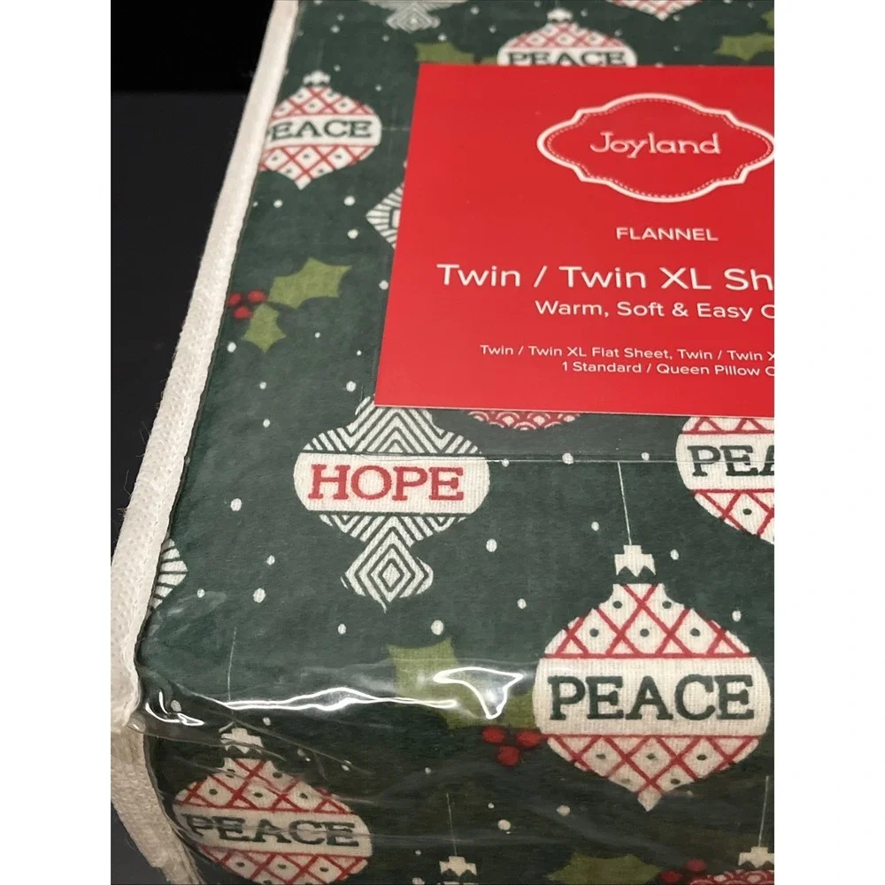 Joyland Flannel Twin/Twin XL Sheet Set Green Peace Joy Hope Christmas New